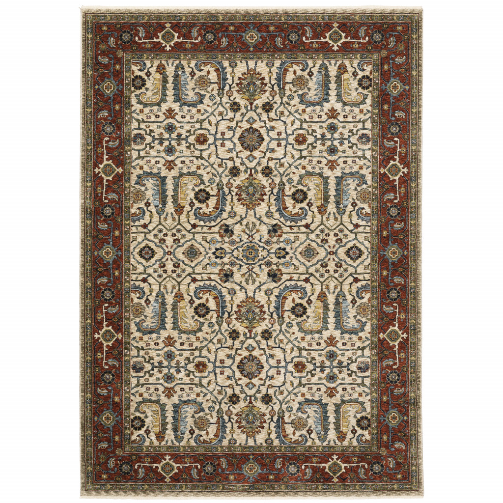 6 x 9 ft. Ivory Red Green Gray Blue & Navy Oriental Power Loom Stain Resistant Rectangle Area Rug with Fringe