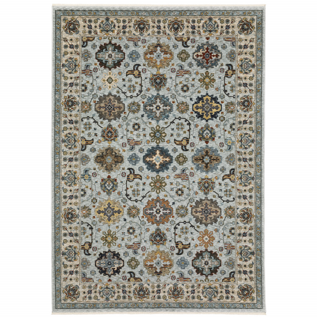 2 x 3 ft. Blue Beige Gray Green Yellow & Rust Oriental Power Loom Stain Resistant Rectangle Area Rug with Fringe