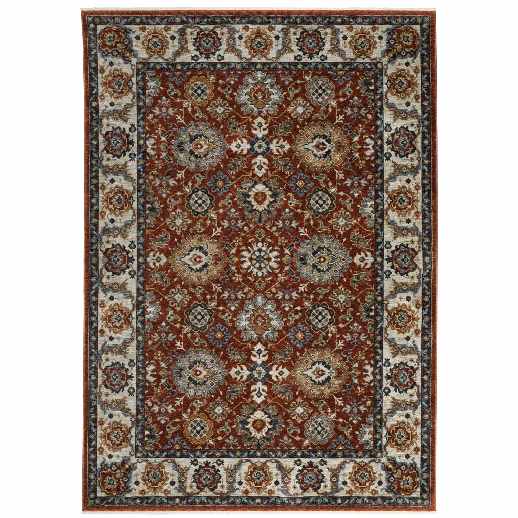8 x 11 ft. Red Blue Ivory Gold & Navy Oriental Power Loom Stain Resistant Rectangle Area Rug with Fringe