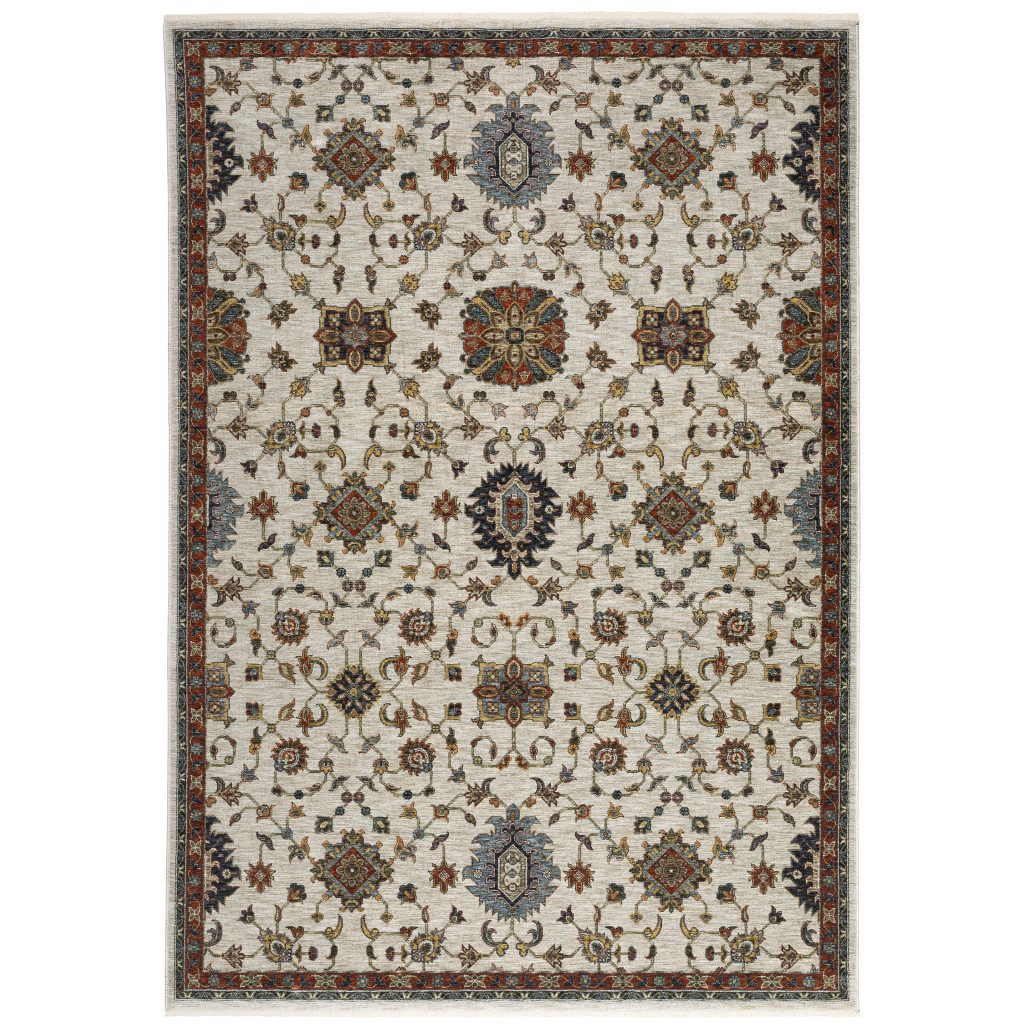 8 x 11 ft. Beige Rust Red Blue Gold & Gray Oriental Power Loom Stain Resistant Rectangle Area Rug with Fringe