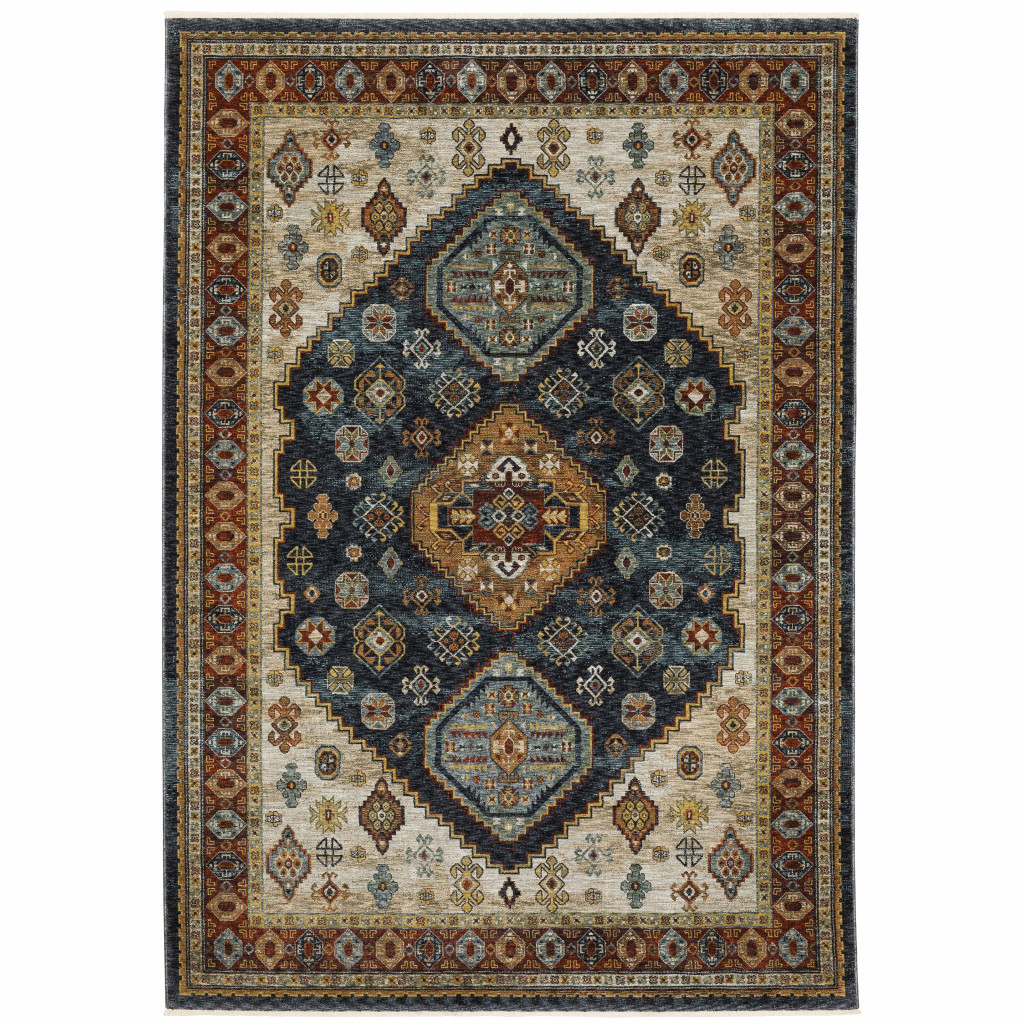 2 x 3 ft. Blue Rust Red Beige Orange Gold & Tan Oriental Power Loom Stain Resistant Rectangle Area Rug with Fringe