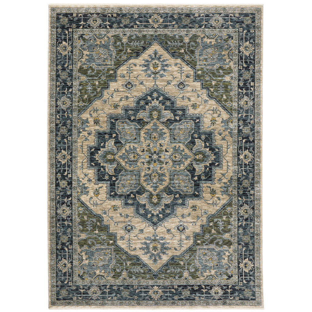 508051 10 x 13 ft. Blue Gray Beige Tan Green & Gold Oriental Power Loom Stain Resistant Rectangle Area Rug with Fringe -  HomeRoots