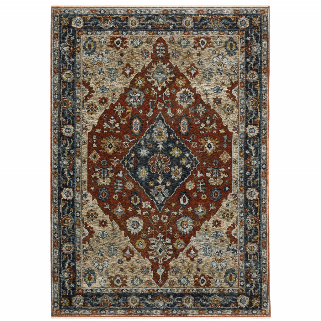 3 x 5 ft. Blue Beige Tan Brown Gold & Rust Red Oriental Power Loom Stain Resistant Rectangle Area Rug with Fringe