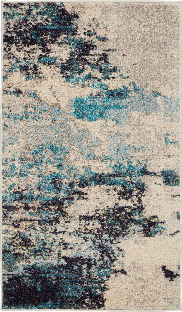 480132 2 x 4 ft. Ivory & Teal Blue Abstract Power Loom Non Skid Rectangle Area Rug