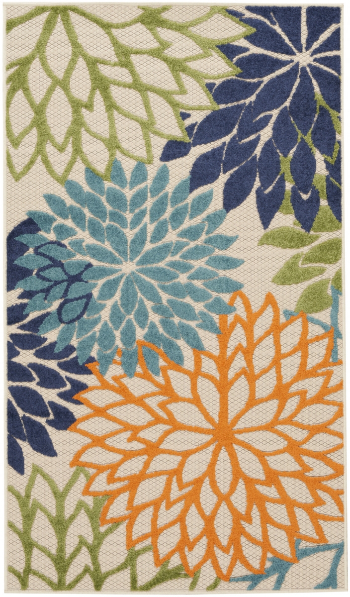 3 x 5 ft. Floral Non Skid Indoor & Outdoor Rectangle Area Rug - Cream & Blue