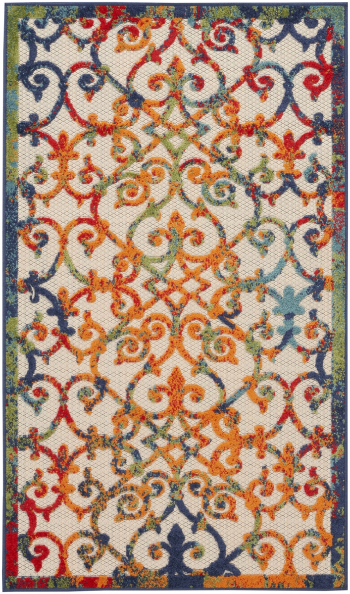 3 x 5 ft. Orange, Blue & Green Damask Non Skid Indoor & Outdoor Area Rug