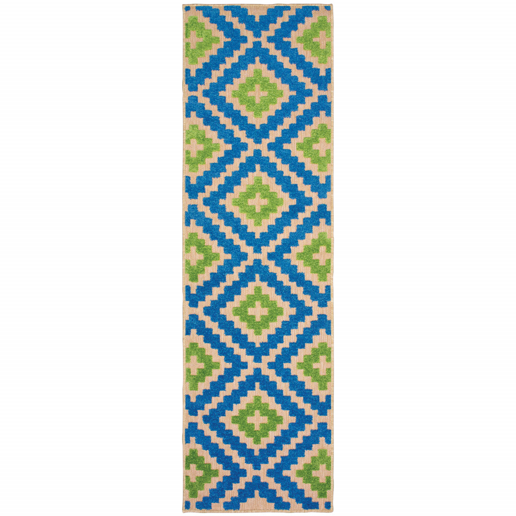 2 x 8 ft. Sand Geometric Stain Resistant Indoor & Outdoor Rectangle Area Rug - Blue and Beige - 0.07in. H x 26.77in. W x 90.55in. D