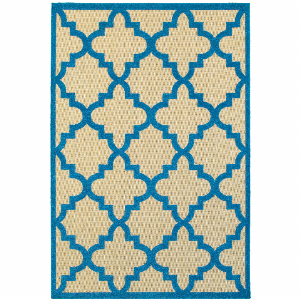 10 x 13 ft. Sand Geometric Stain Resistant Indoor & Outdoor Rectangle Area Rug - Blue and Beige - 10 x 13 ft.