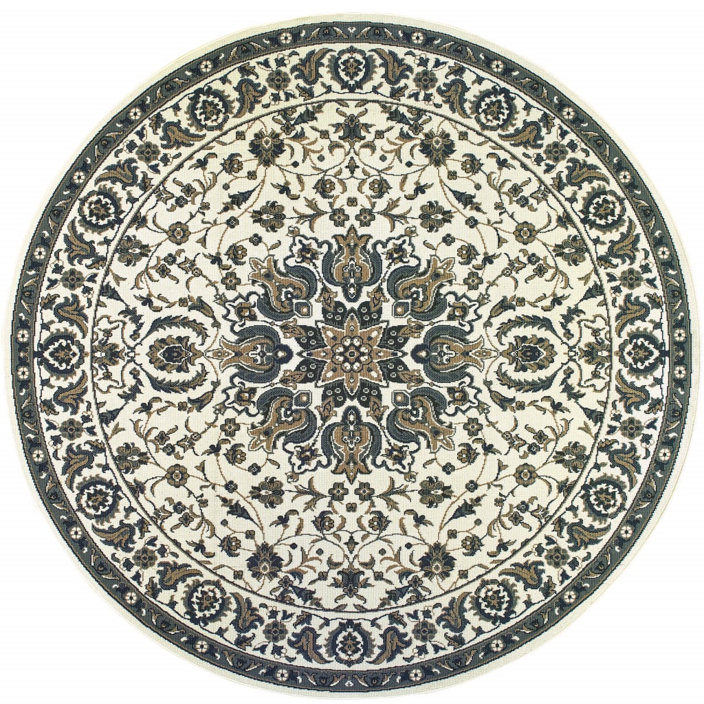 8 ft. Round Ivory Round Oriental Stain Resistant Indoor & Outdoor Rectangle Area Rug - Ivory and Blue - 8 ft.