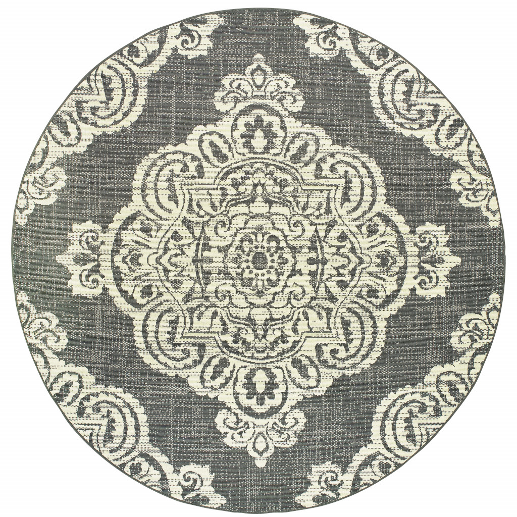 8 ft. Round Gray Round Oriental Stain Resistant Indoor & Outdoor Rectangle Area Rug - Gray and Ivory