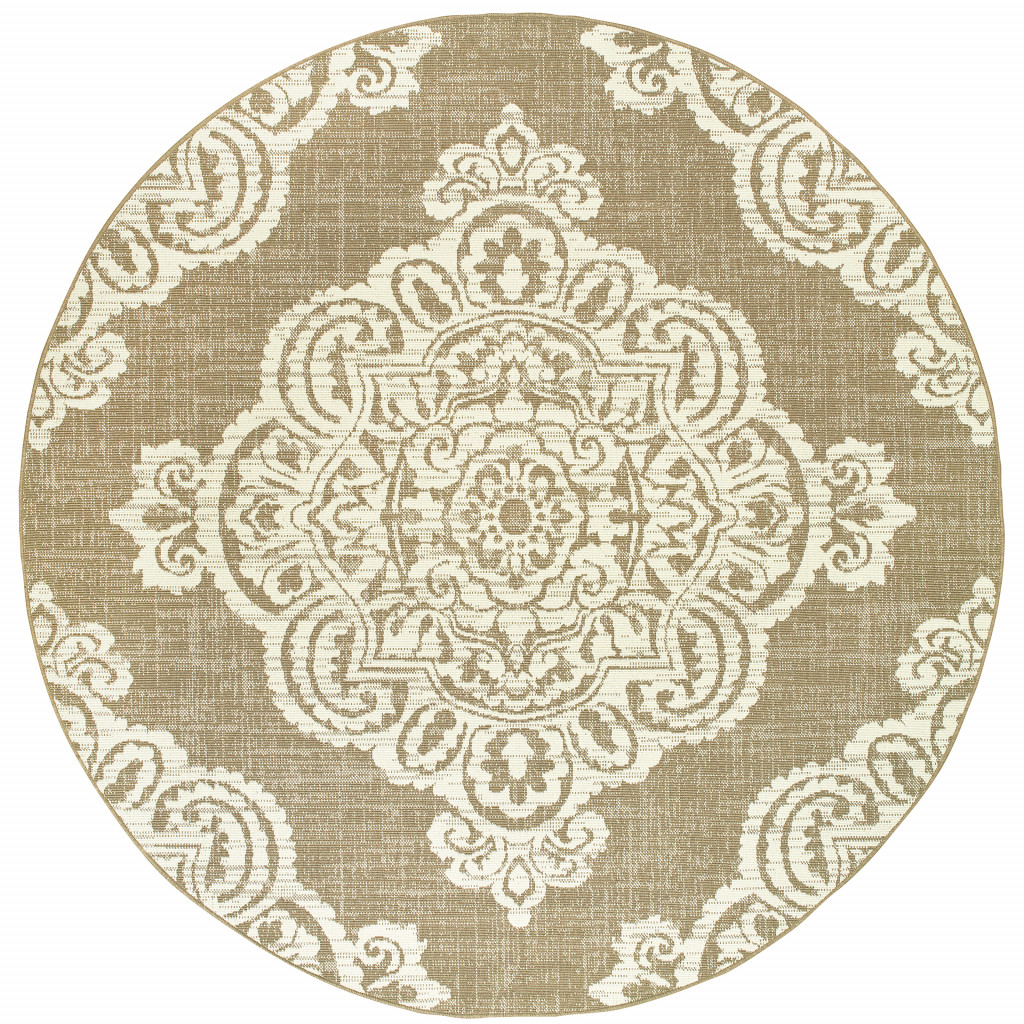 507729 8 ft. Round Tan Round Oriental Stain Resistant Indoor & Outdoor Rectangle Area Rug