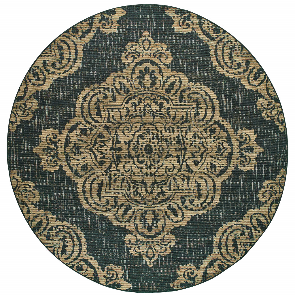 8 ft. Round Black Round Oriental Stain Resistant Indoor & Outdoor Rectangle Area Rug