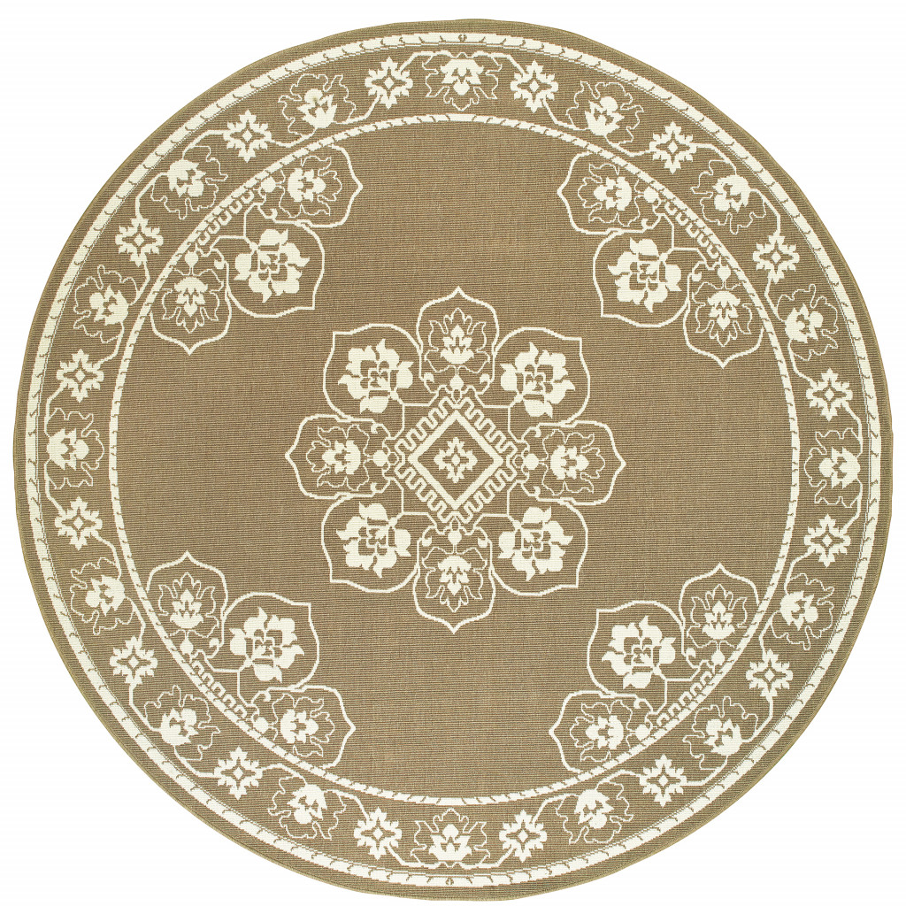 8 ft. Round Tan Round Oriental Stain Resistant Indoor & Outdoor Rectangle Area Rug - Tan - 8 ft.