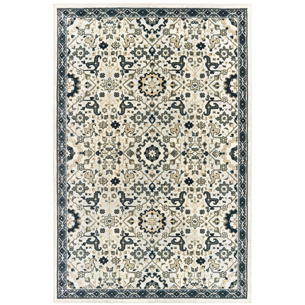 Ivory Navy & Gold Oriental Power Loom Stain Resistant Rectangle Area Rug
