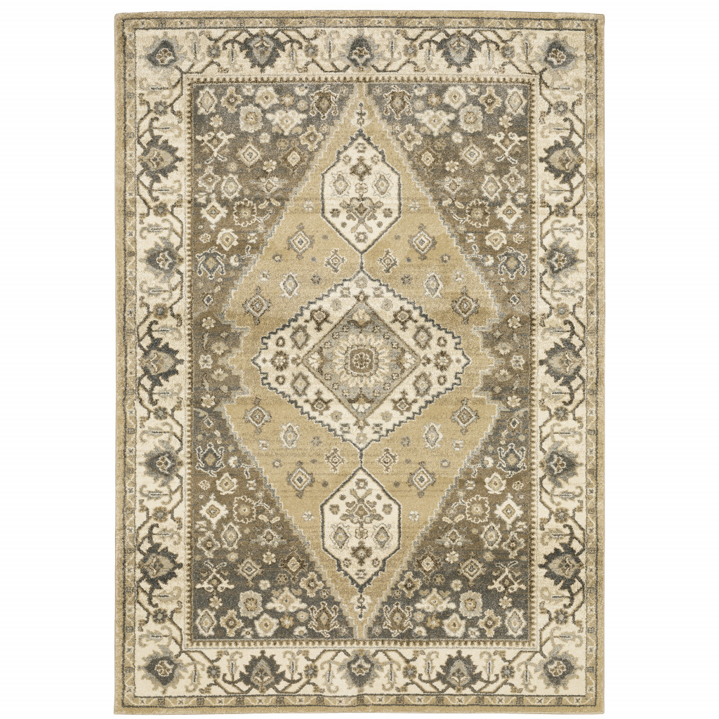 Oriental Power Loom Stain Resistant Rectangle Area Rug - Beige Gray Tan & Charcoal - 5 x 8 ft.