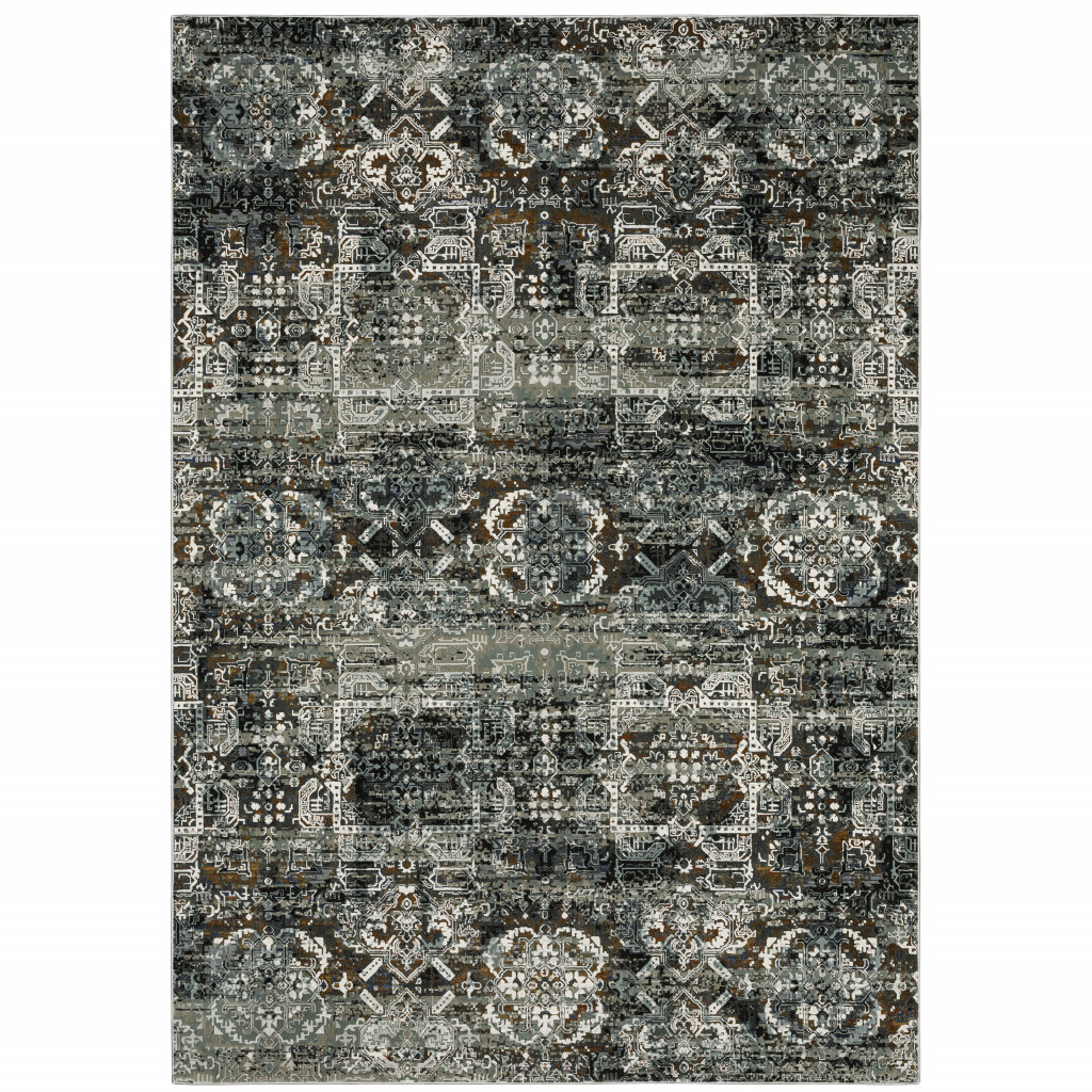 Ivory Charcoal Gray Blue Rust Gold & Brown Oriental Power Loom Stain Resistant Rectangle Area Rug