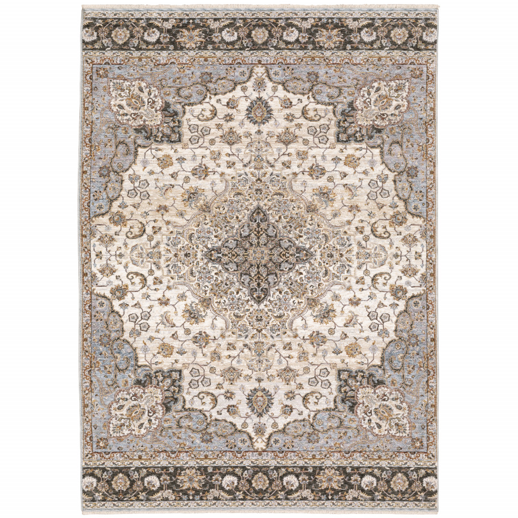 6 x 9 ft. Ivory & Blue Oriental Power Loom Stain Resistant Rectangle Area Rug with Fringe