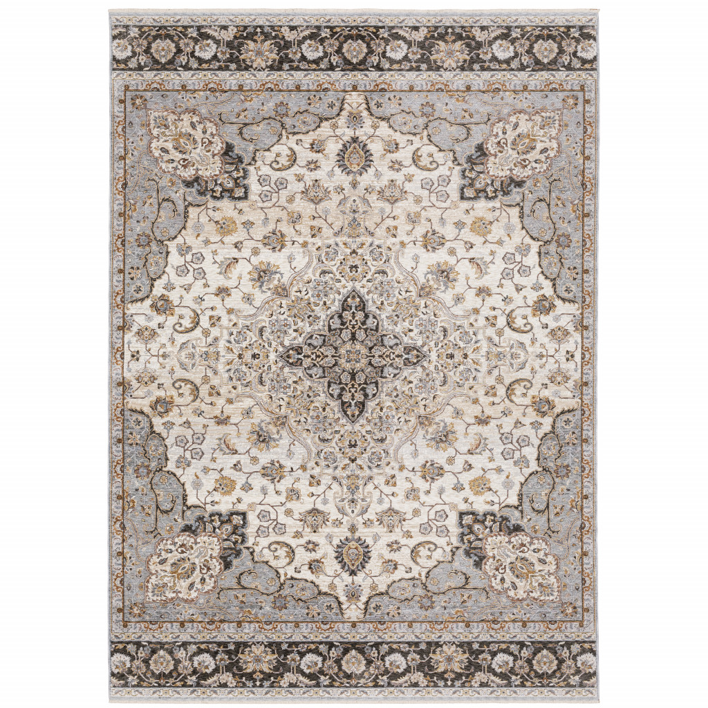 8 x 11 ft. Ivory & Blue Oriental Power Loom Stain Resistant Rectangle Area Rug with Fringe