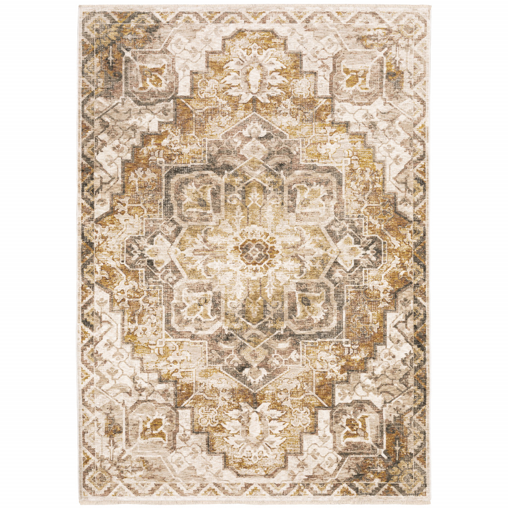 10 x 13 ft. Gold & Ivory Oriental Power Loom Stain Resistant Rectangle Area Rug with Fringe - Gold and Ivory - 10 x 13 ft.