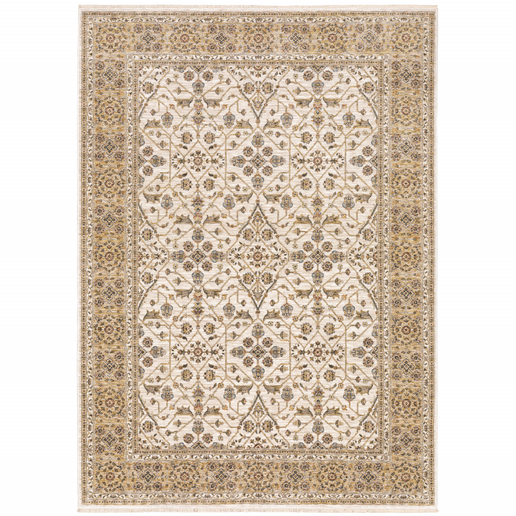 2 x 3 ft. Ivory & Gold Oriental Power Loom Stain Resistant Rectangle Area Rug with Fringe
