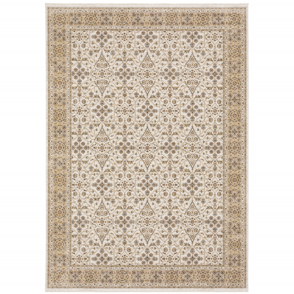 8 x 11 ft. Ivory & Gold Oriental Power Loom Stain Resistant Rectangle Area Rug with Fringe