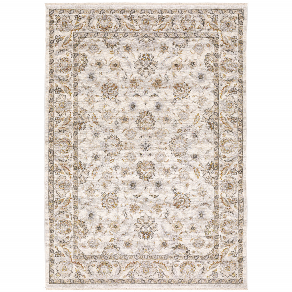 2 x 3 ft. Ivory & Grey Oriental Power Loom Stain Resistant Rectangle Area Rug with Fringe