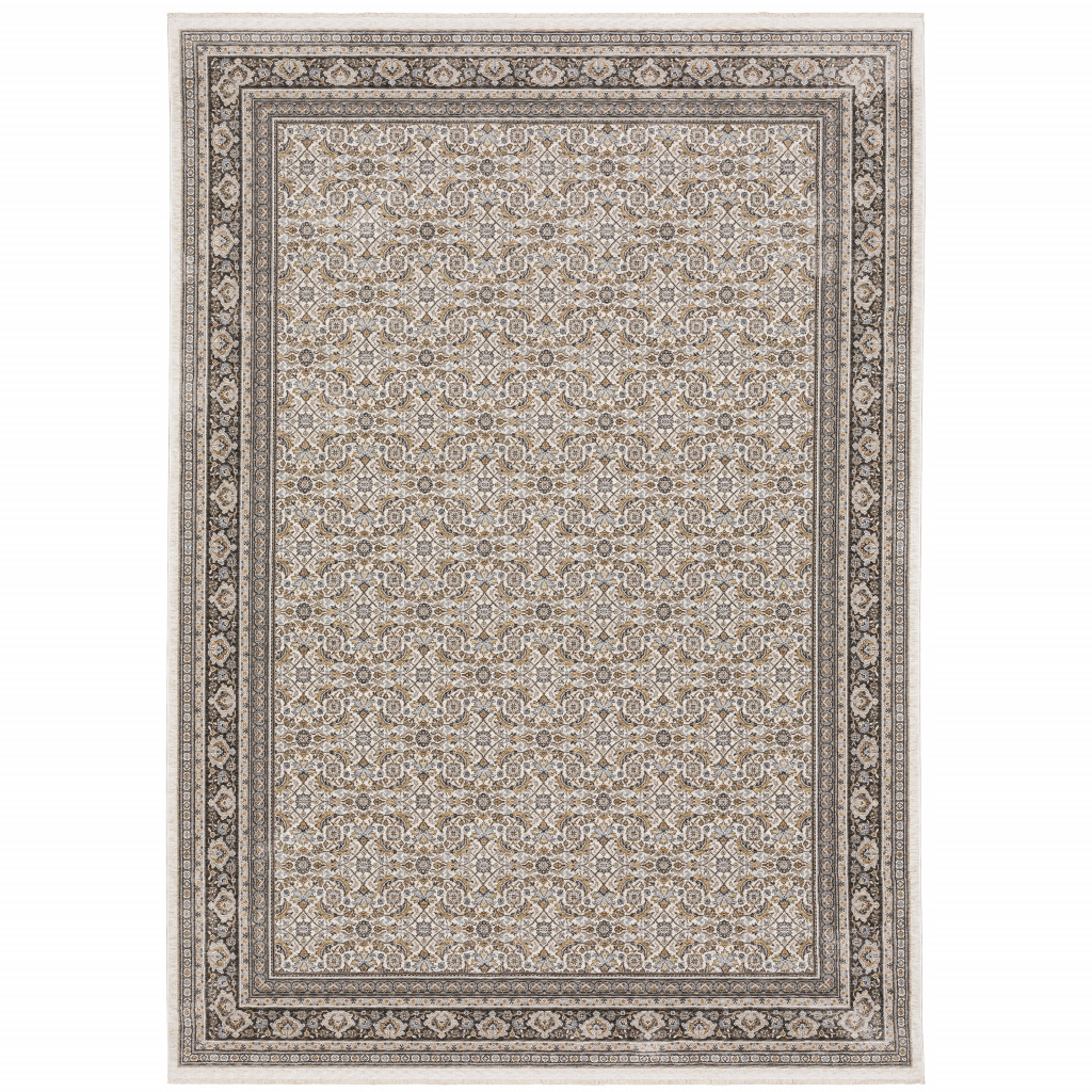 8 x 11 ft. Ivory & Gray Oriental Power Loom Stain Resistant Rectangle Area Rug with Fringe