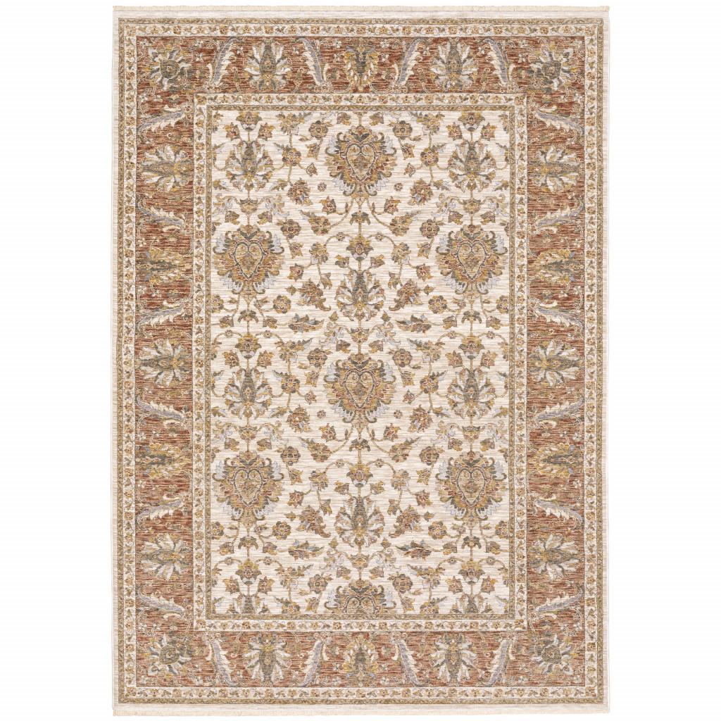 3 x 5 ft. Oriental Power Loom Stain Resistant Area Rug with Fringe, Rust & Ivory