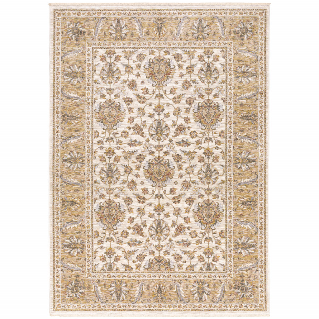 5 x 8 ft. Ivory & Gold Oriental Power Loom Stain Resistant Rectangle Area Rug with Fringe - Ivory and Gold - 5 x 8 ft.
