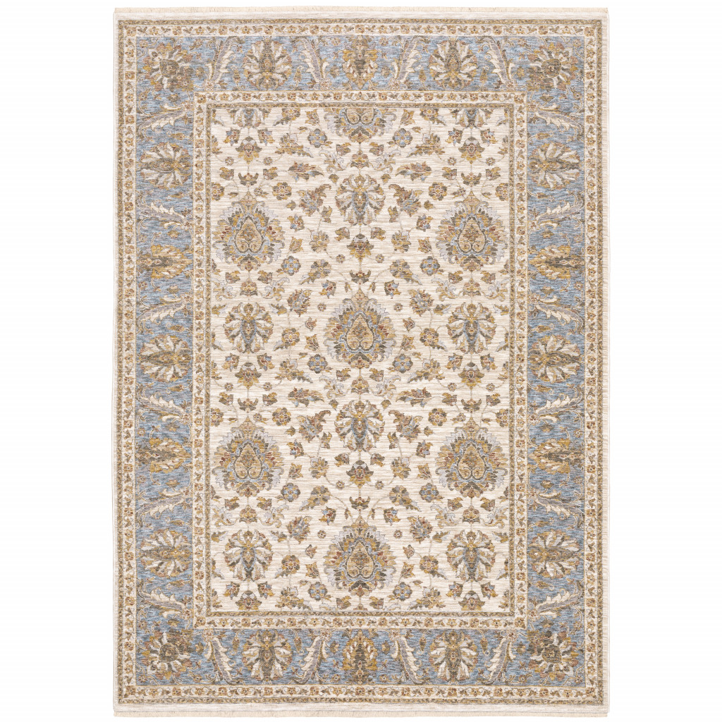 8 x 11 ft. Ivory & Blue Oriental Power Loom Stain Resistant Rectangle Area Rug with Fringe