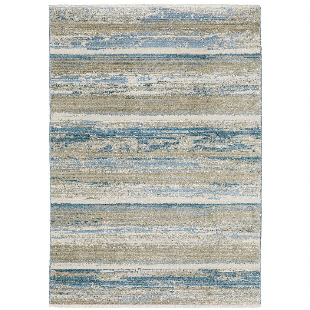 8 x 11 ft. Ivory Beige Gray Blue & Tan Abstract Power Loom Stain Resistant Rectangle Area Rug with Fringe