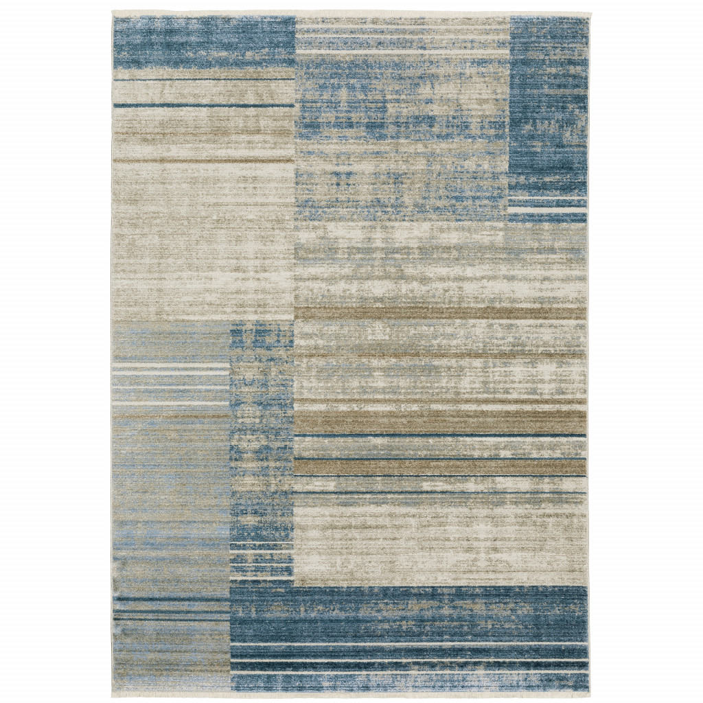 510308 10 x 13 ft. Blue Dark Blue Teal Gray Ivory Beige & Tan Geometric Power Loom Stain Resistant Rectangle Area Rug with Fringe