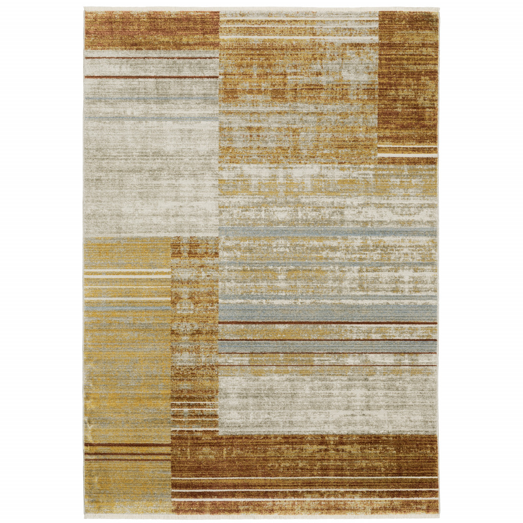 4 x 6 ft. Rust Gold Blue Gray Ivory & Tan Geometric Power Loom Stain Resistant Rectangle Area Rug with Fringe