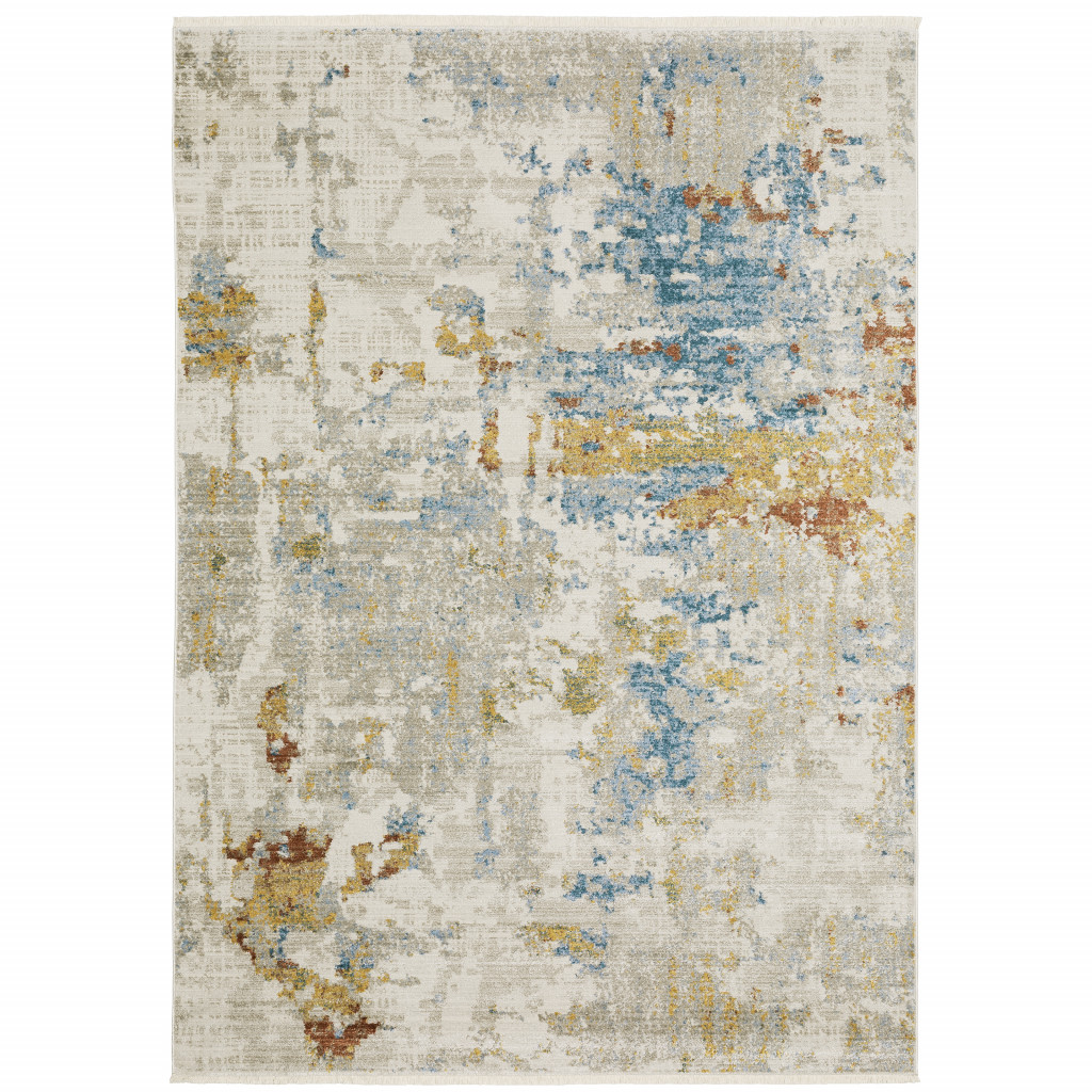 5 x 8 ft. Beige Gray Gold Blue Rust & Teal Abstract Power Loom Stain Resistant Rectangle Area Rug with Fringe
