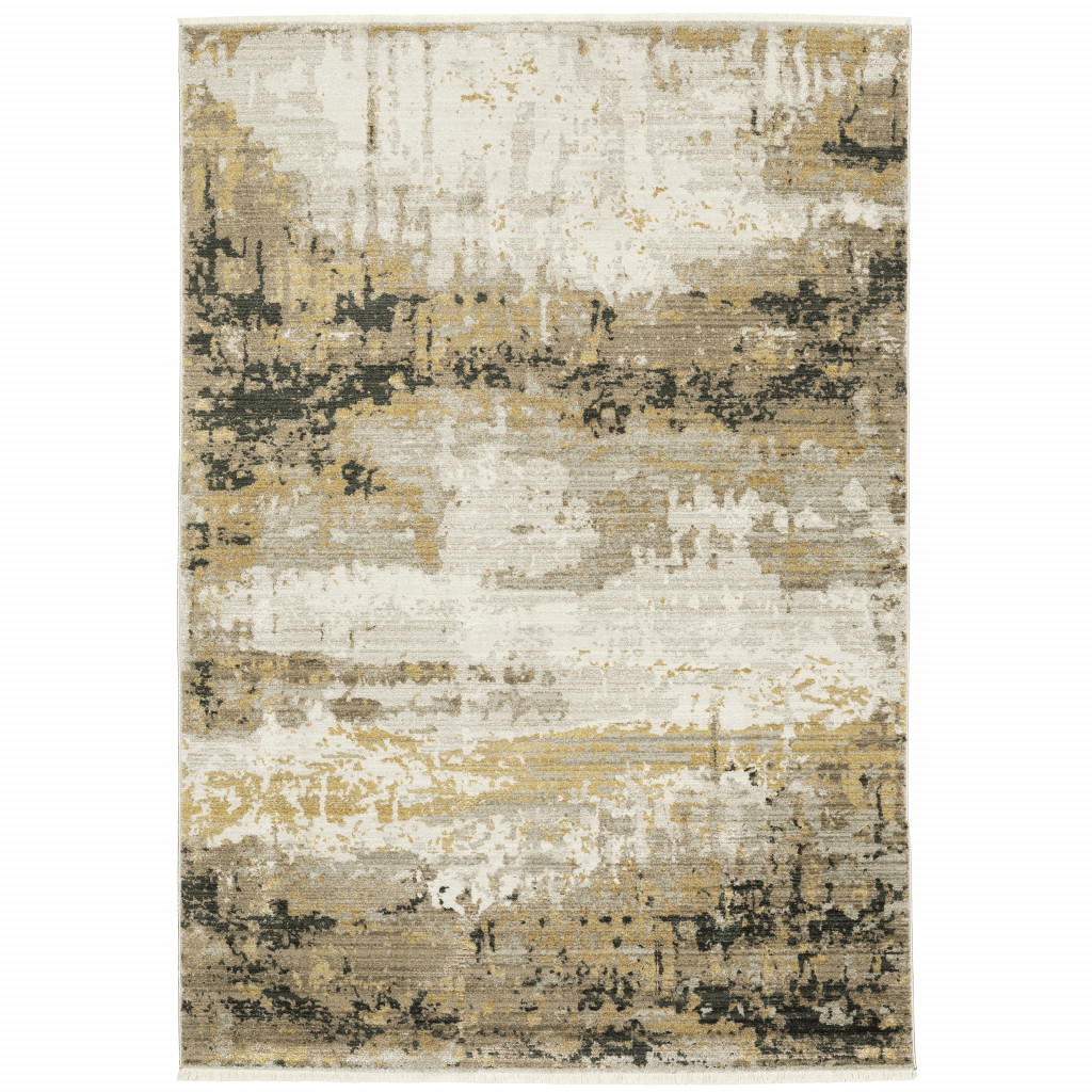 6 x 9 ft. Gray Gold Black Charcoal & Beige Abstract Power Loom Stain Resistant Rectangle Area Rug with Fringe