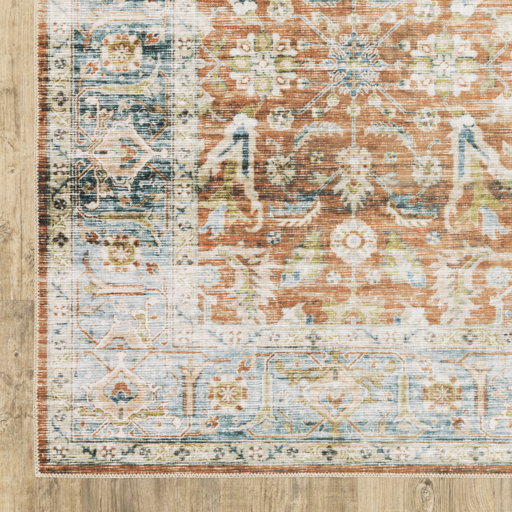 4 x 6 ft. Rust Blue Ivory & Gold Oriental Printed Stain Resistant Non Skid Rectangle Area Rug
