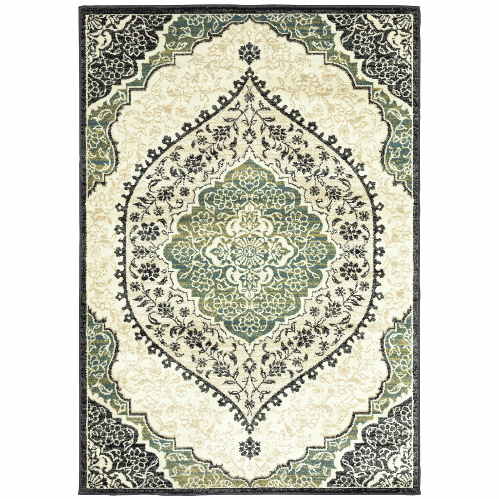 10 x 13 ft. Ivory Navy & Green Oriental Power Loom Stain Resistant Rectangle Area Rug