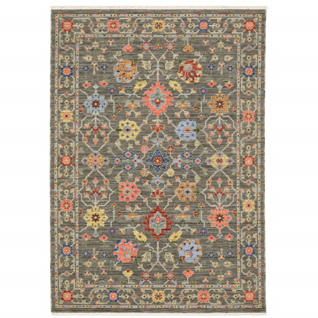 8 x 11 ft. Gray Salmon Pink Gold Blue Rust Deep Blue Ivory & Green Oriental Power Loom Stain Resistant Rectangle Area Rug with Fringe