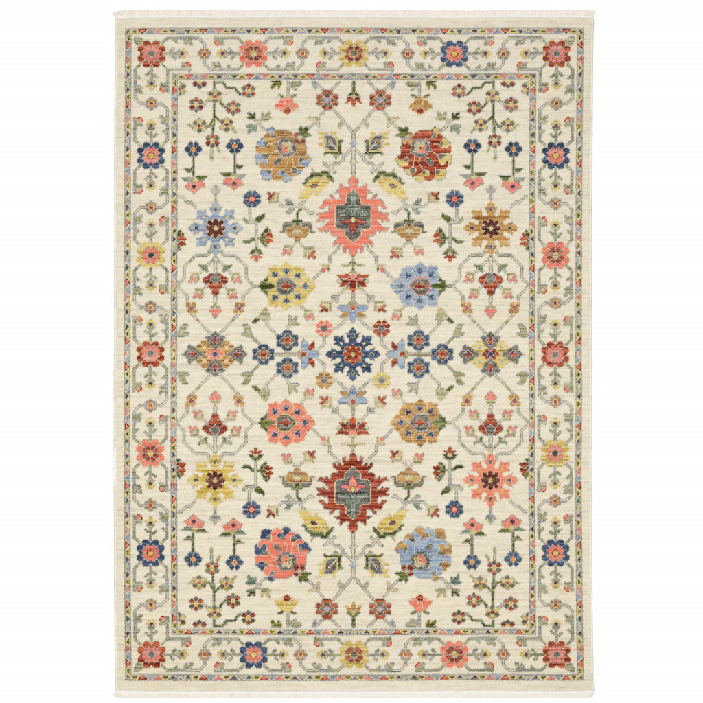 509282 2 x 3 ft. Ivory Oriental Power Loom Stain Resistant Rectangle Area Rug with Fringe