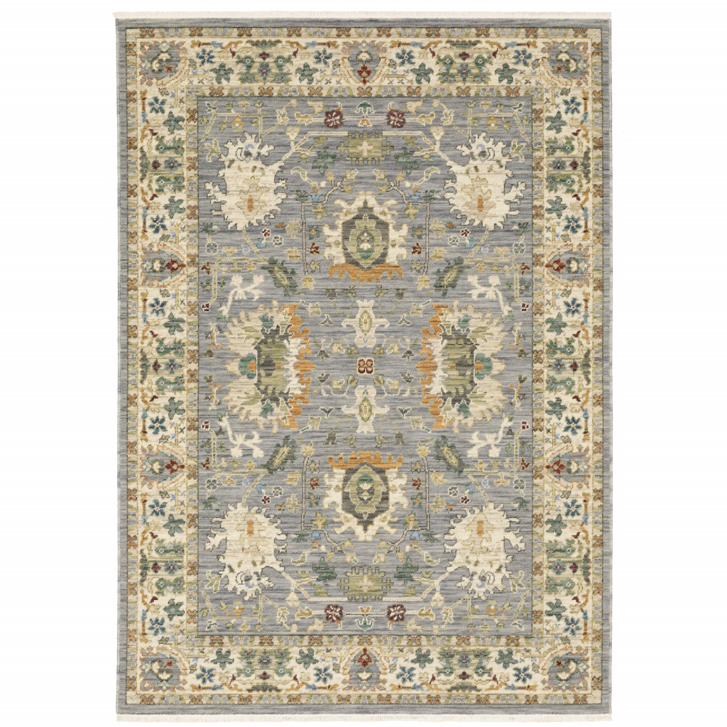 5 x 8 ft. Blue & Ivory Oriental Power Loom Stain Resistant Rectangle Area Rug with Fringe