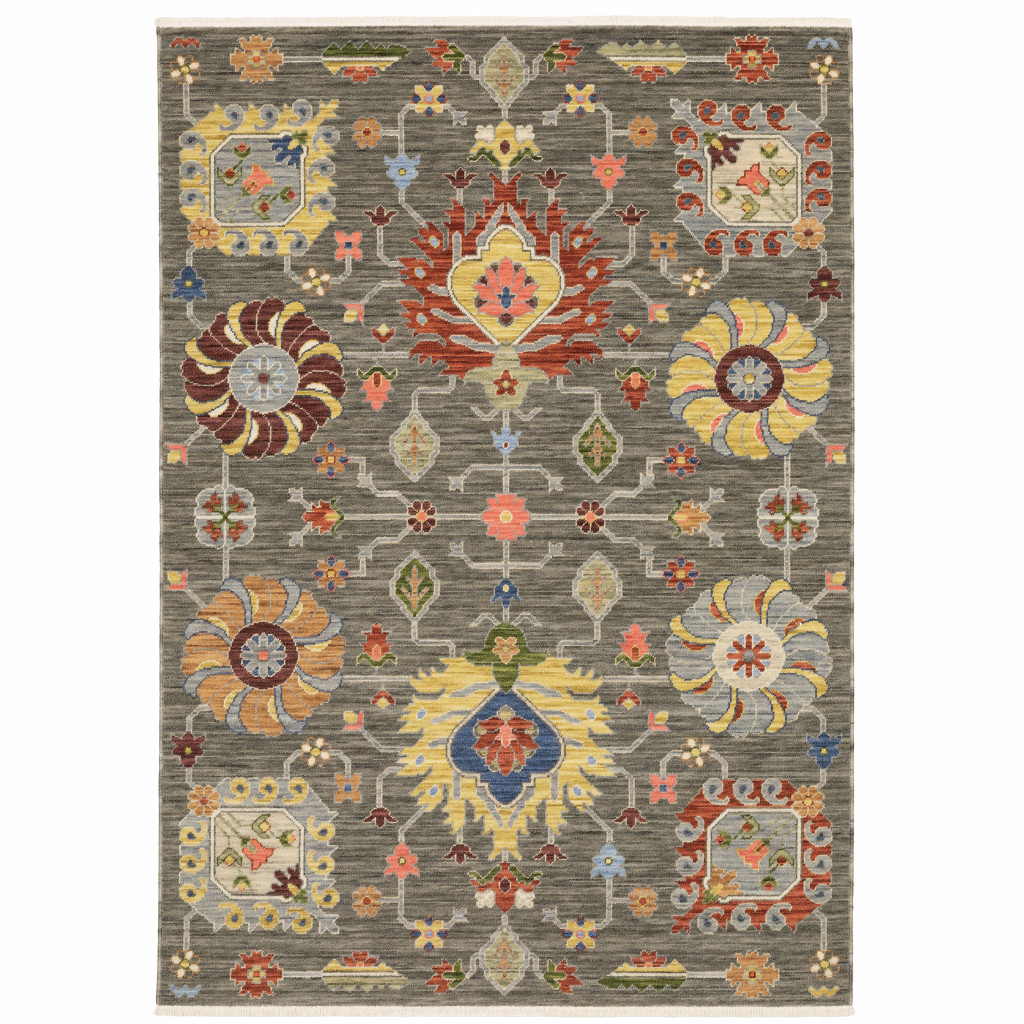 509331 2 x 3 ft. Gray Charcoal Yellow Blue Rust Red Pink Green & Ivory Oriental Power Loom Stain Resistant Rectangle Area Rug with Fringe