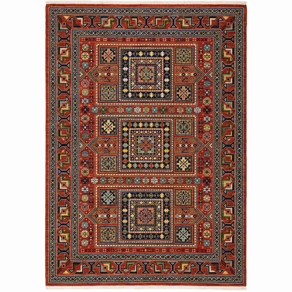 Oriental Power Loom Rectangle Area Rug with Fringe - Blue & Red - 6 x 9 ft.
