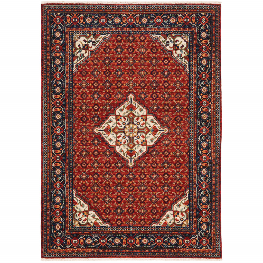 6 x 9 ft. Red Blue Ivory & Orange Oriental Power Loom Stain Resistant Rectangle Area Rug with Fringe