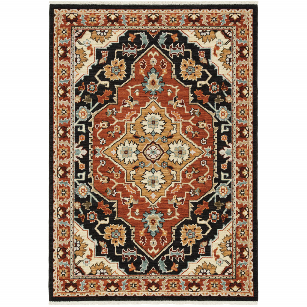 509228 3 x 5 ft. Black Orange & Beige Oriental Power Loom Stain Resistant Rectangle Area Rug with Fringe