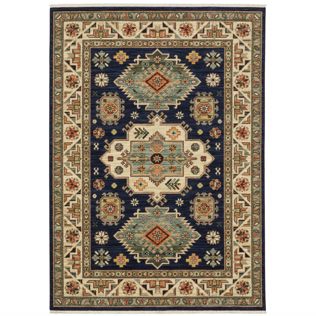 3 x 5 ft. Navy Charcoal Orange Rust Gold Pale Blue Olive Beige & Salmon Oriental Power Loom Stain Resistant Rectangle Area Rug with Fringe