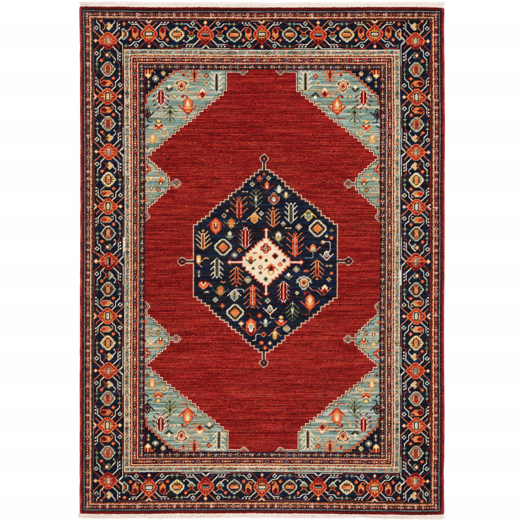 8 x 11 ft. Red Blue Orange & Ivory Oriental Power Loom Stain Resistant Rectangle Area Rug with Fringe