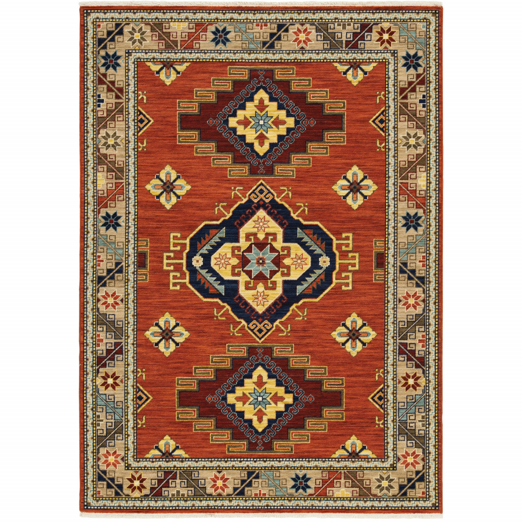 6 x 9 ft. Red Gold Blue Brown Oriental Power Loom Stain Resistant Rectangle Area Rug with Fringe