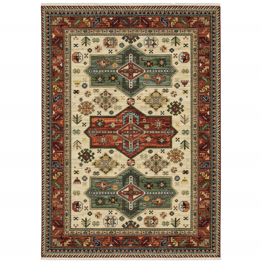 509264 5 x 8 ft. Brick Red Orange Rust Beige Gold Pale Blue Olive Navy & Black Oriental Power Loom Stain Resistant Rectangle Area Rug with Fringe