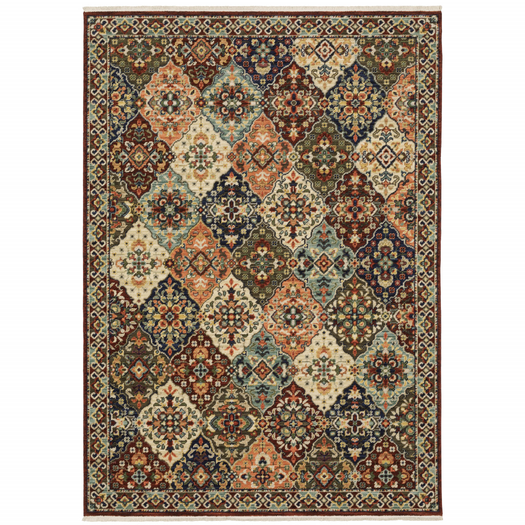 2 x 3 ft. Red Rust Navy Light Blue Brown Orange Ivory & Gold Oriental Power Loom Stain Resistant Rectangle Area Rug with Fringe