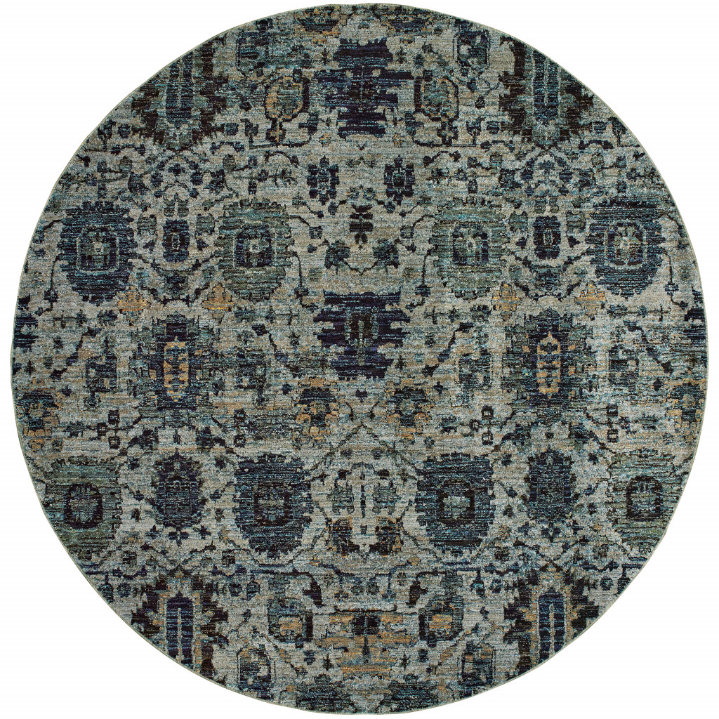 510074 8 ft. Blue & Navy Oriental Power Loom Stain Resistant Round Area Rug